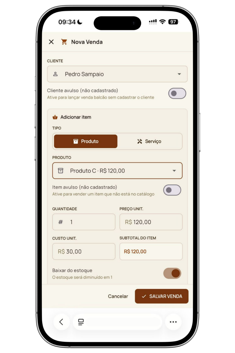 Tela de nova venda da Super Planilha Online v2.0
