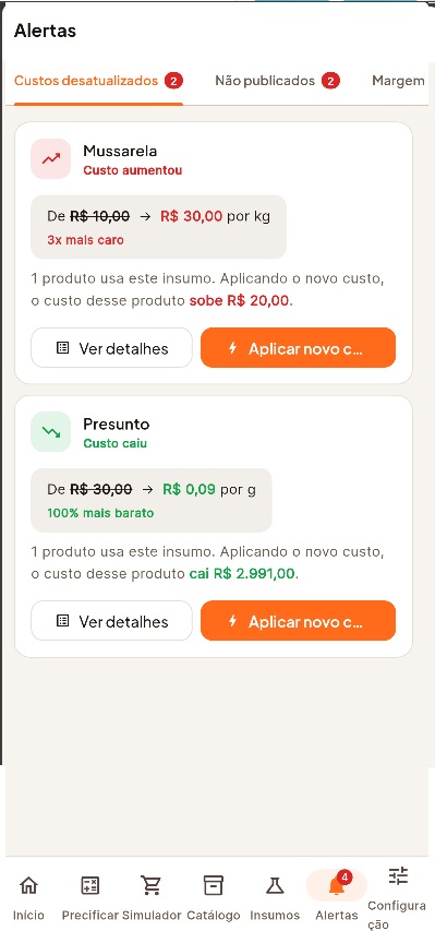 Tela de alertas de custo
