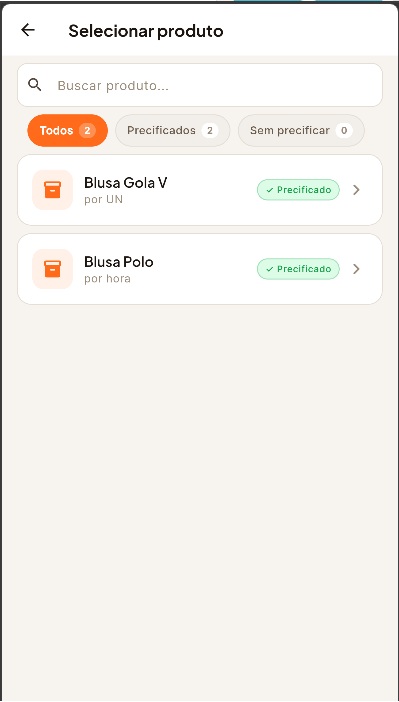 Tela de precificação