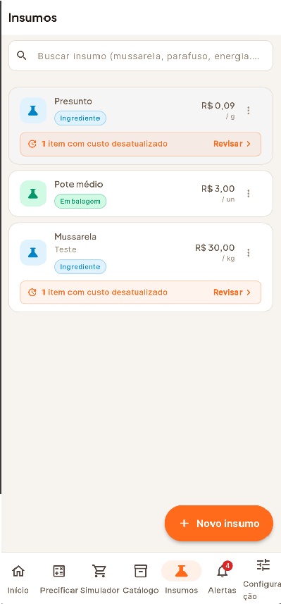 Cadastro de insumos